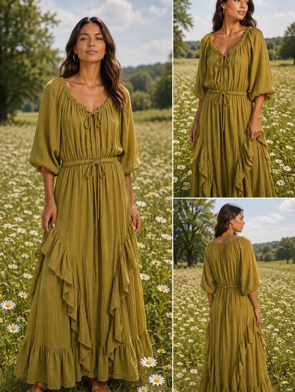 We The Free Olive Green Ruffle-Tier Maxi Dress